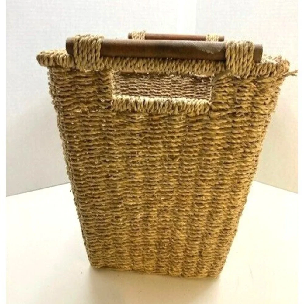 Vintage Rush Weave Waste Paper Basket - Boho Natural 11.5in‎ 1970s